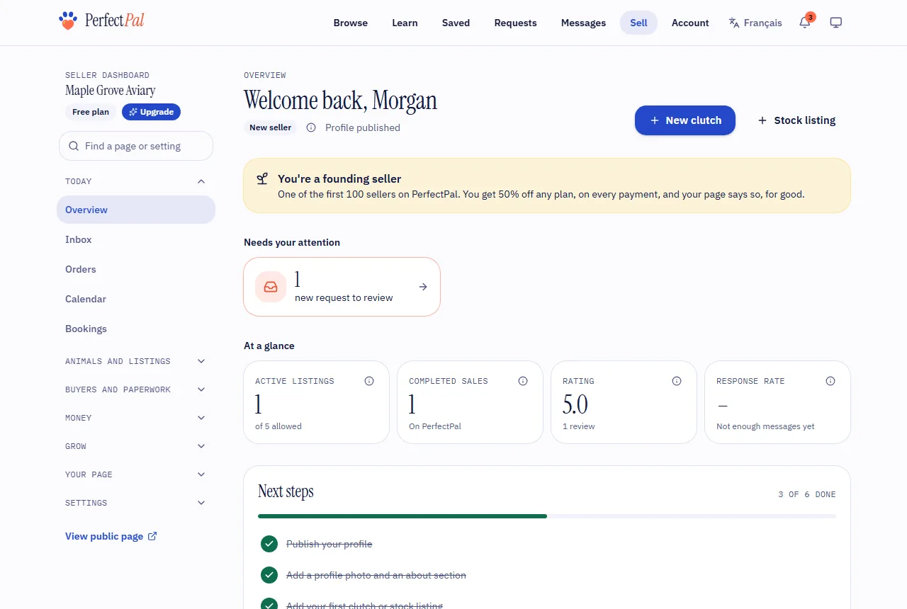 The seller dashboard's overview, with the next steps list