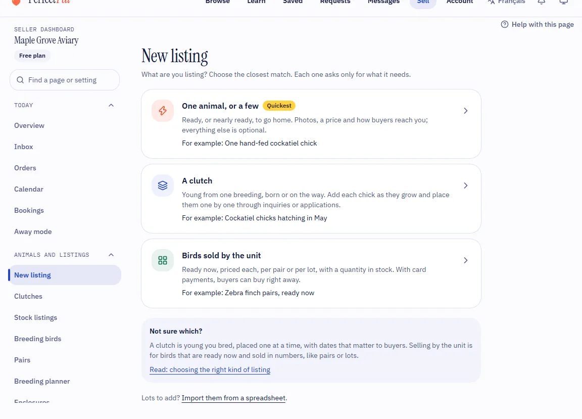 The New listing page, with its choices and the Not sure which? box
