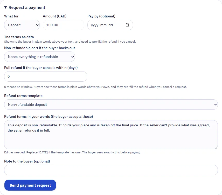 The payment request form on a request