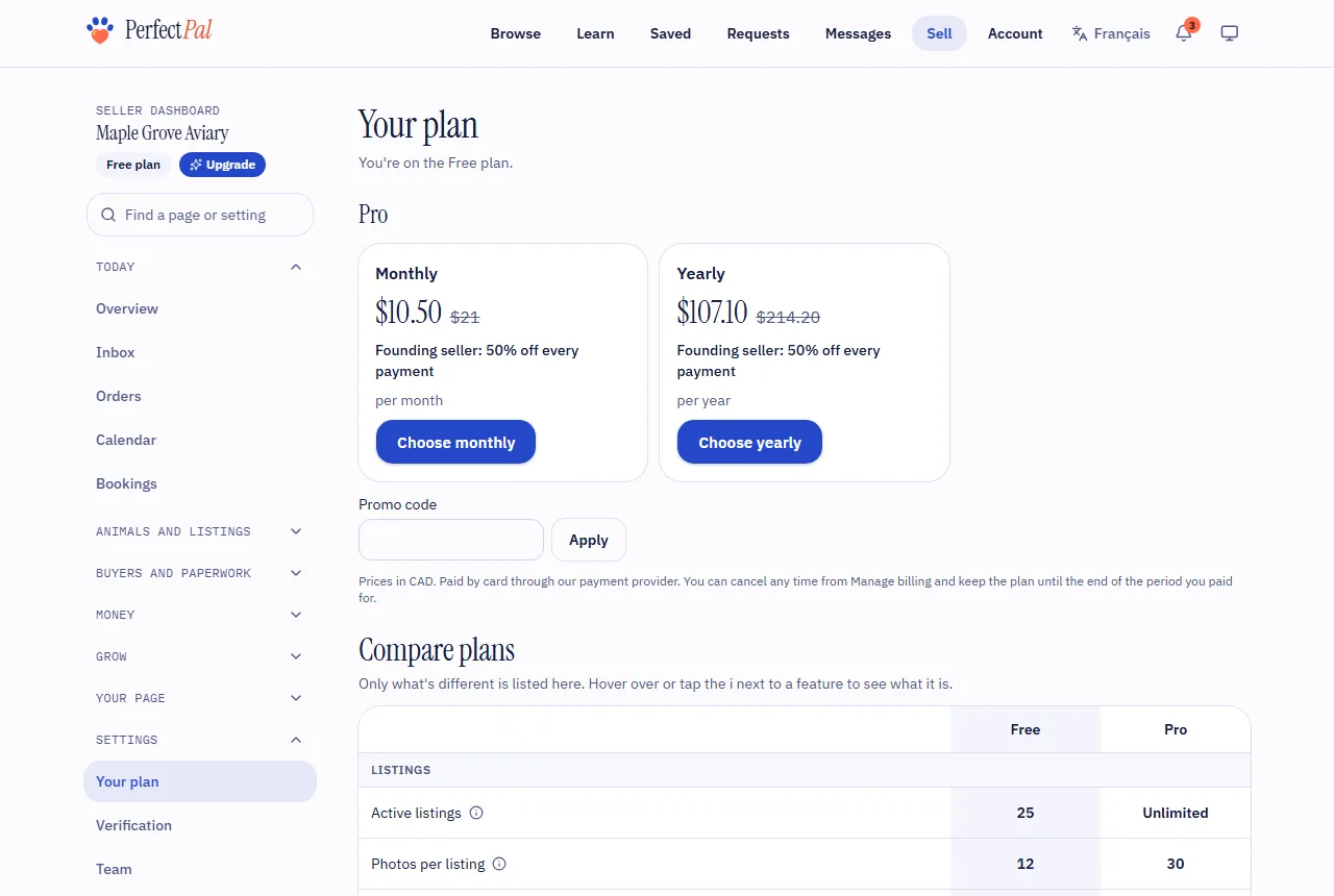 The Your plan page with the plan options
