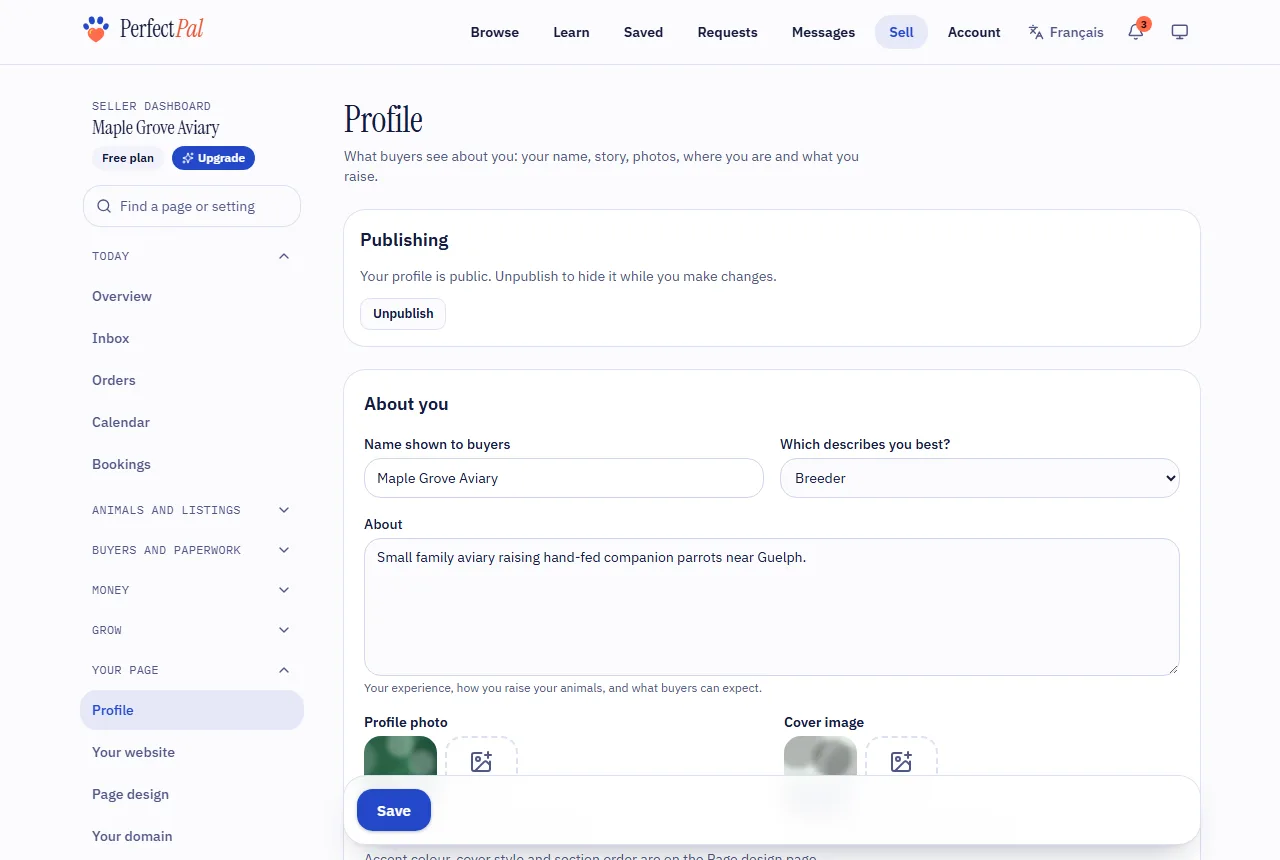 The Profile page with the about section and the Publish profile button