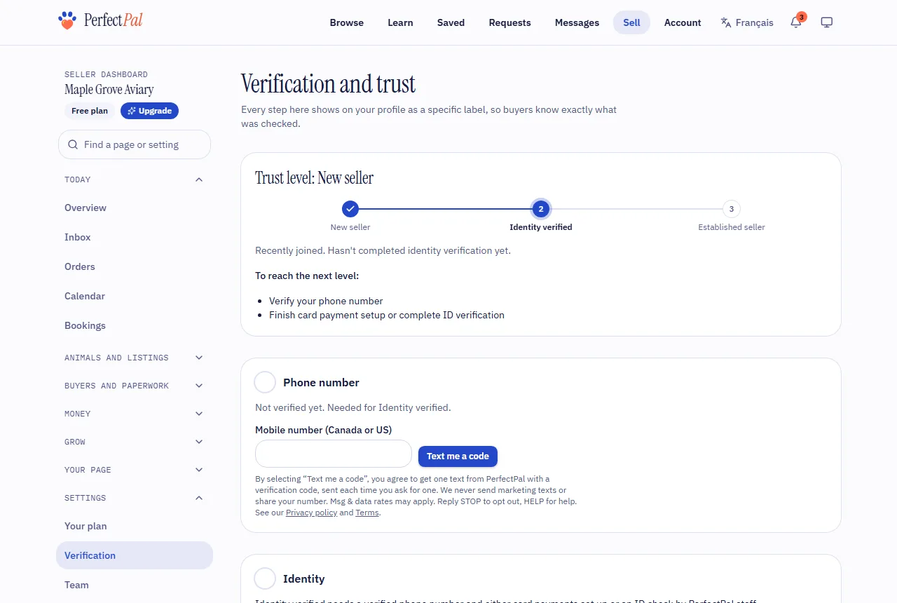 The Verification page, with the trust level, phone number and identity sections