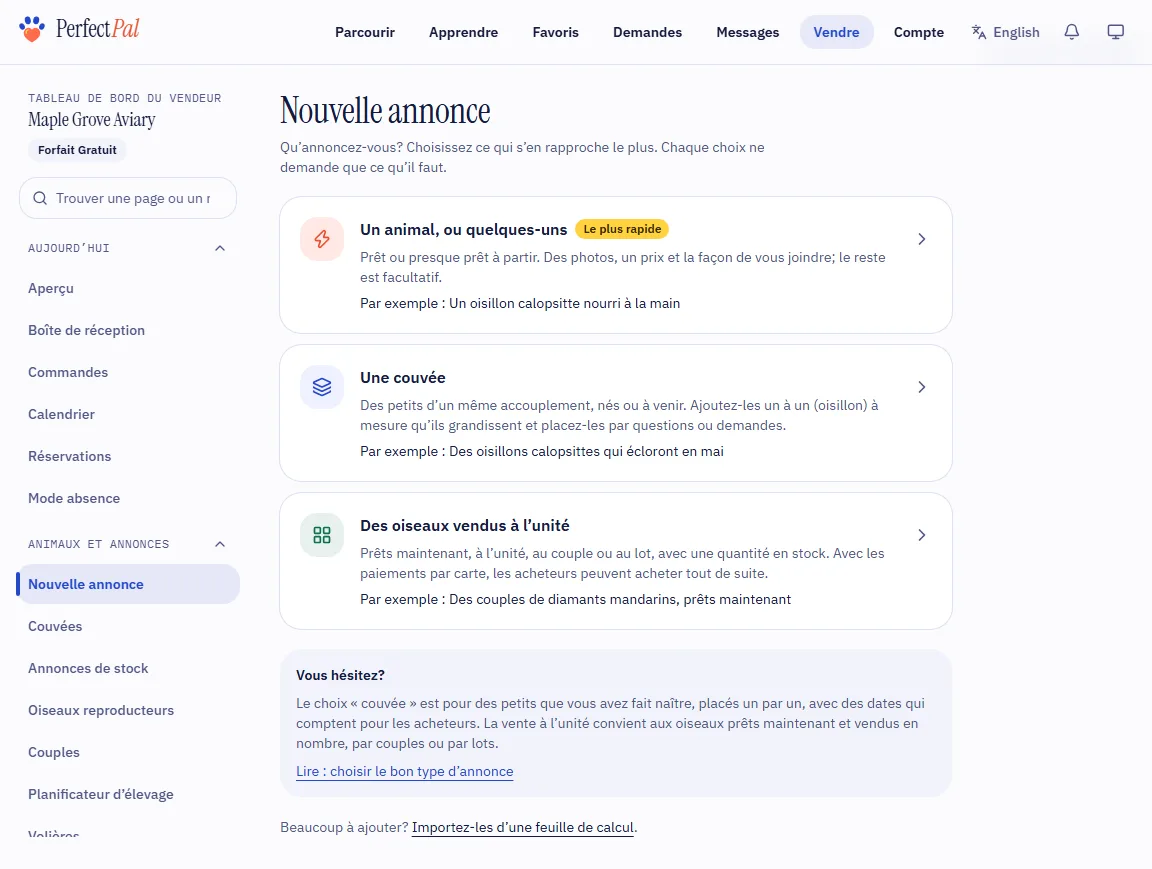 La page Nouvelle annonce, avec ses choix et l’encadré Vous hésitez?
