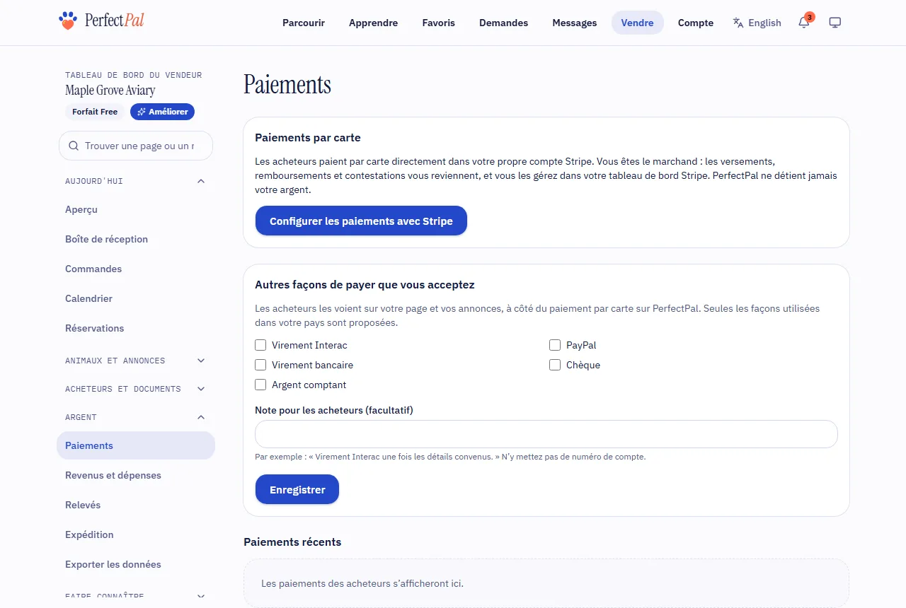 La page Paiements, avec le bouton pour configurer les paiements avec Stripe