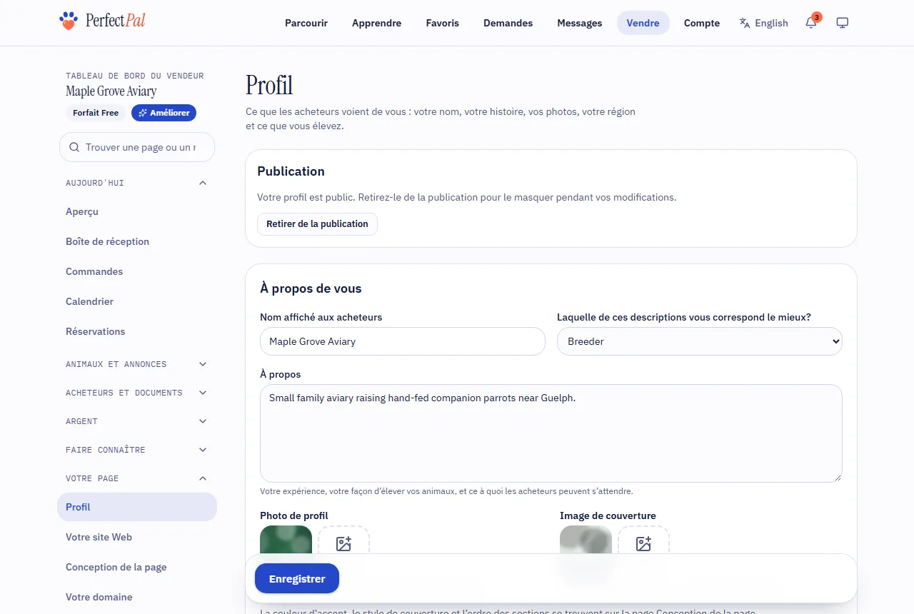 La page Profil avec la section À propos et le bouton Publier le profil