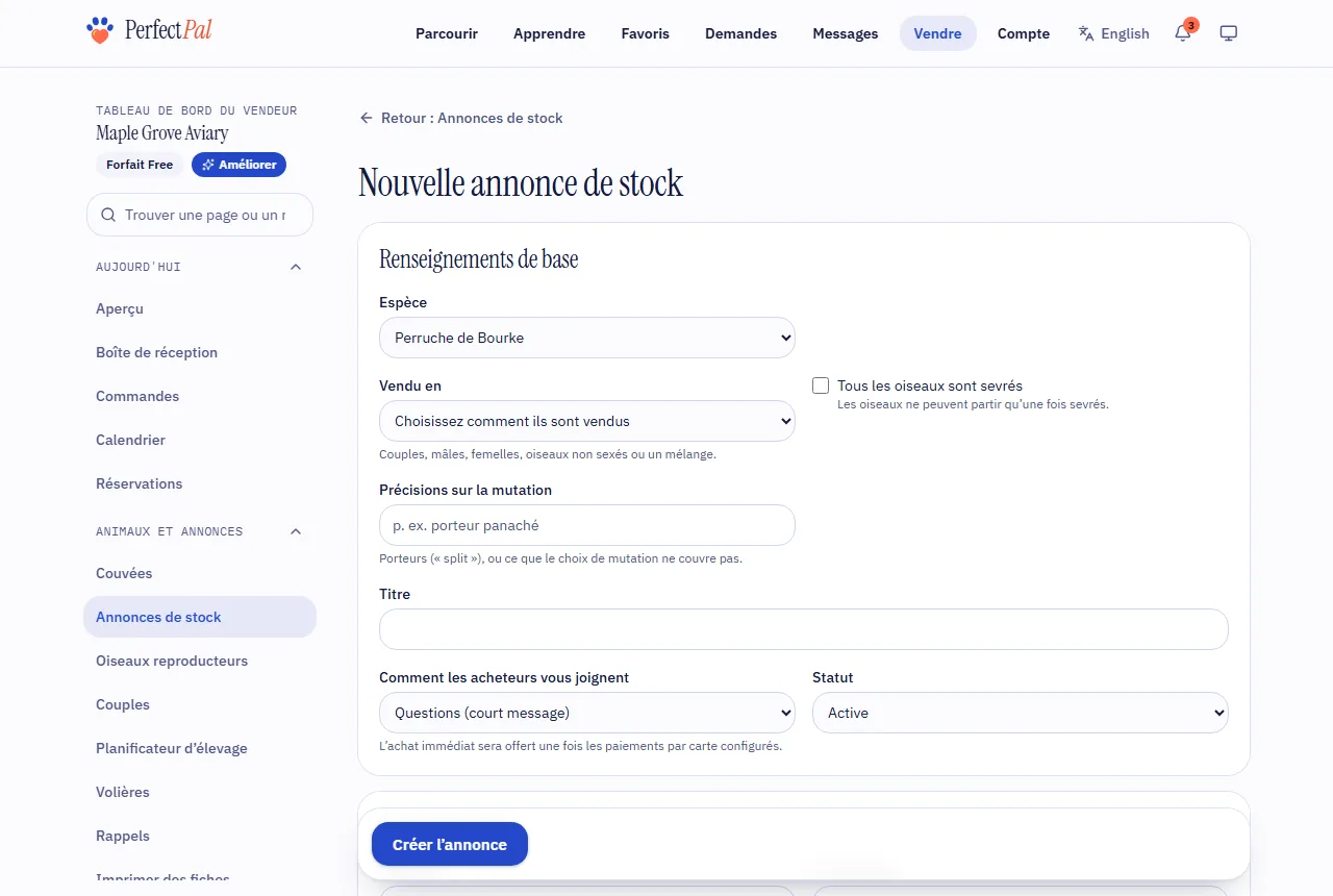 Le formulaire de nouvelle annonce de stock, avec ses renseignements de base et ses prix