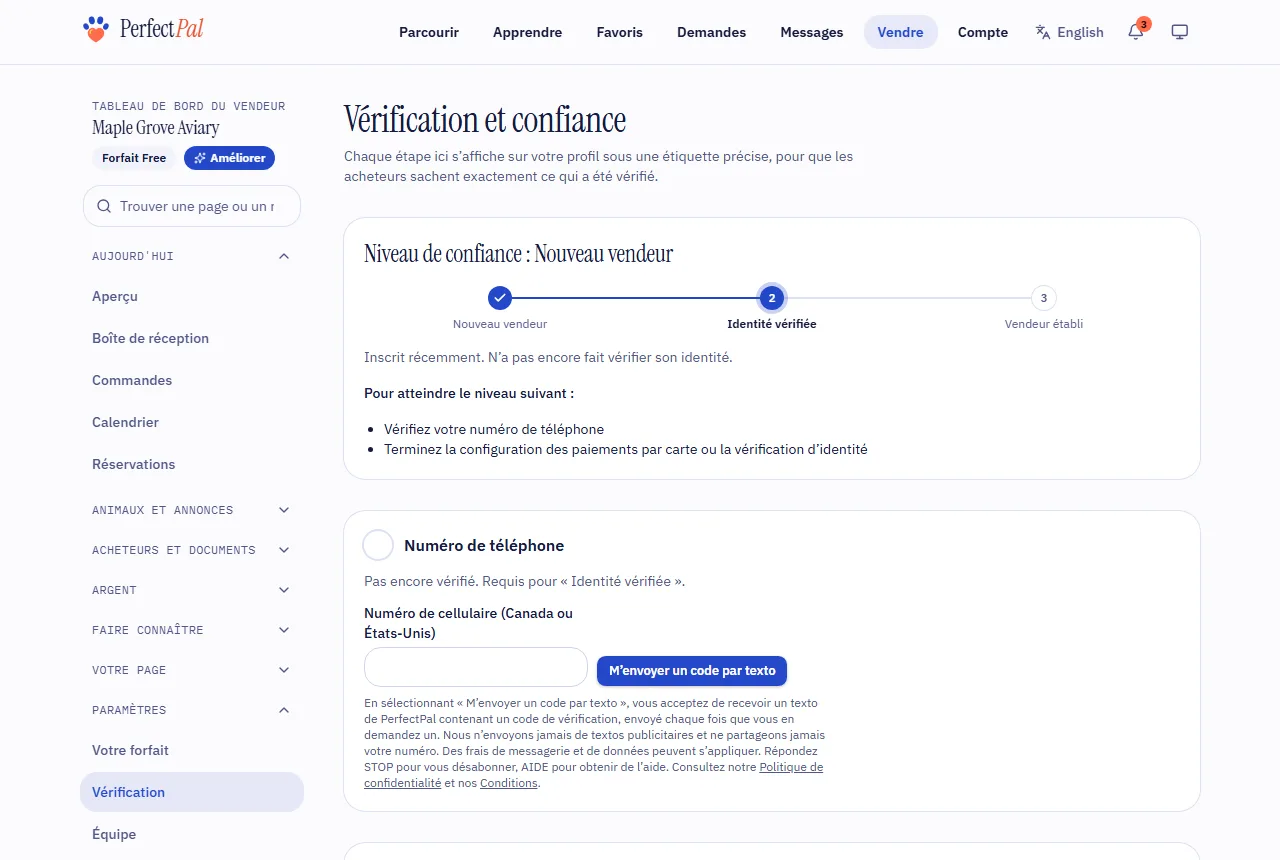 La page Vérification, avec le niveau de confiance, le numéro de téléphone et la section Identité